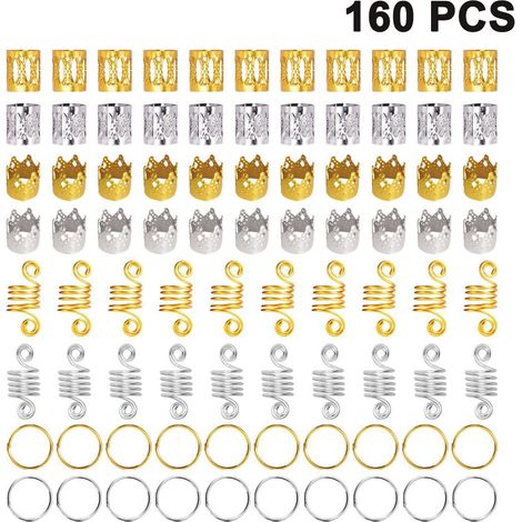 160 pièces Anneaux métalliques, 4 styles dreadlocks spirales aluminium, accessoires coiffure tresses, femmes filles (1/5)