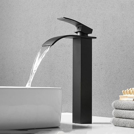 Robinet de lavabo cascade laiton, mélangeur eau chaude et froide à une poignée, design moderne avec flexible, idéal salle de bain (1/5)