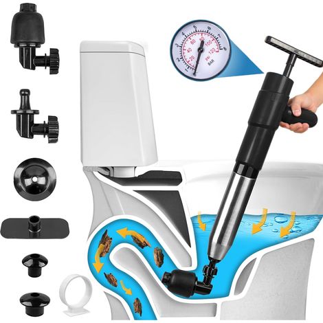 Déboucheur de canalisations à air comprimé, déboucheur de canalisations haute pression avec compression d'air, 4 ventouses, pour WC, lavabo, salle de bain, douche, cuisine, jauge de pression (1/5)