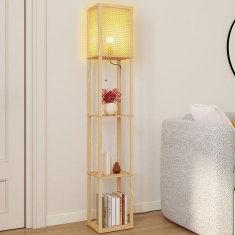 Lámpara de pie natural de madera clara con estantes y pantalla cuadrada efecto caña
