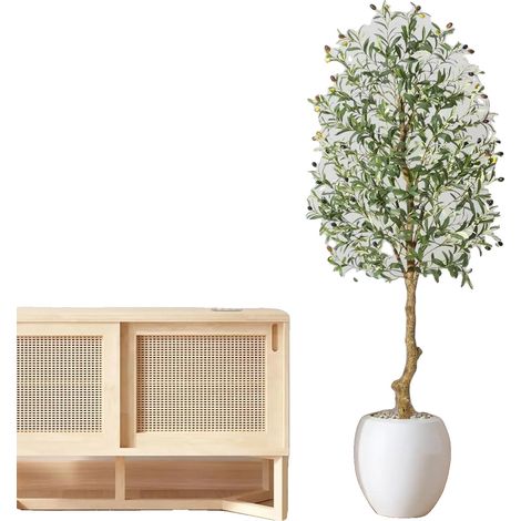 Olivo artificial, altura 180 cm, tamaño de la maceta 16,5 cm, estilo bonsái, material plástico, apto para uso interior/exterior. (1/5)