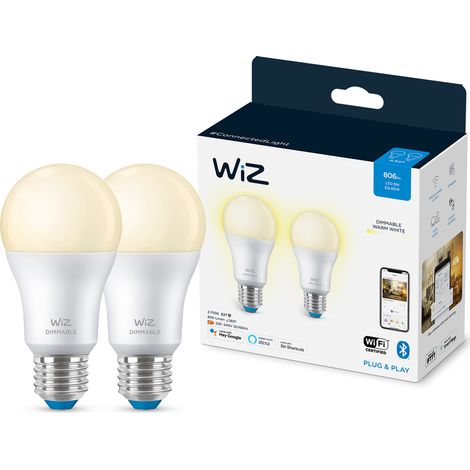 Pack 2 Bombillas Inteligentes LED E27 Casquillo Gordo 8W 806 lm A60 WiFi  + Bluetooth Regulable WIZ  2700K Blanco Cálido (1/5)