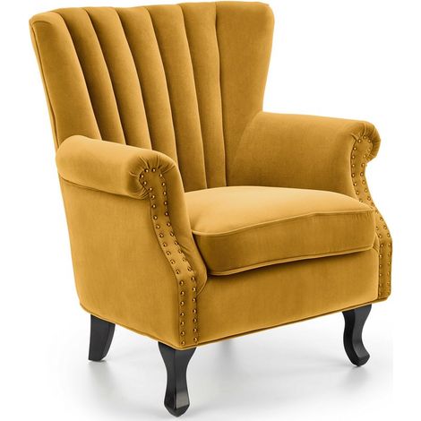 Fauteuil en velours jaune avec accoudoirs cloutés et pieds en bois massif MEDICIS (1/5)
