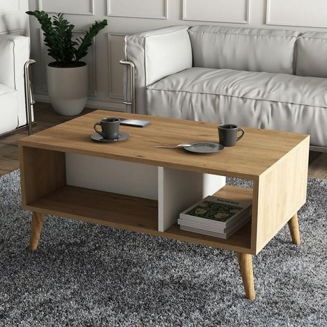 Table basse avec niches rangement, effet bois & blanc MARFA (1/5)