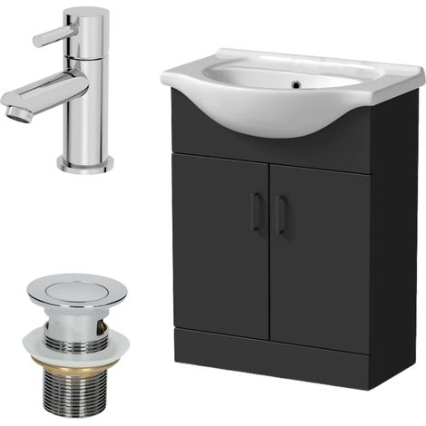 650mm Matt Black Bathroom Vanity Unit Freestanding Chrome Malmo Tap & Waste Set (1/5)