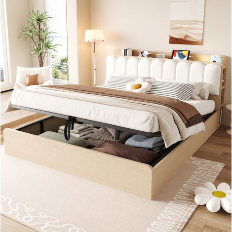 Letto contenitore 180x200 cm in legno, con testiera e vano portaoggetti, porte USB e luce, naturale (1/5)