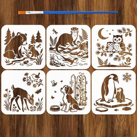 6 Pièces Pochoirs d'Animaux Réutilisables avec Pinceau, 15x15cm Pochoir d'Ours et Petit Pochoir de Hibou avec Lune Pochoirs de Cerf et Chien pour Peinture sur Bois Meuble Toile Mur (1/5)