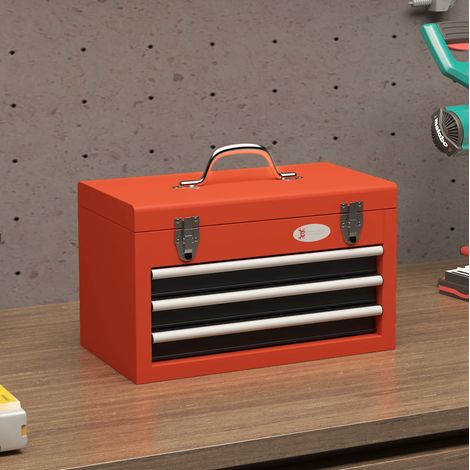 Caja de herramientas de acero roja 45 x 24 x 27 cm, 3 cajones, compartimento superior, 20 kg (1/5)