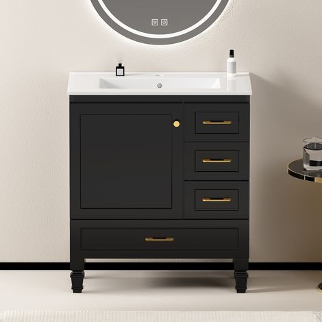 Meuble de salle de bain noir de 75 cm. Meuble offrant un grand espace de rangement, doté d’une porte à fermeture douce et de trois tiroirs. (1/5)