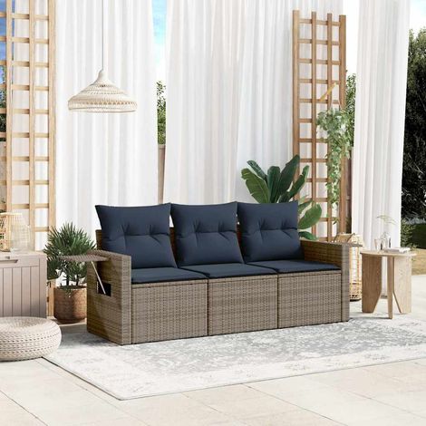 Salon de jardin 3 pièces en résine tressée gris avec coussins bleu marine - PANGIVO (1/5)