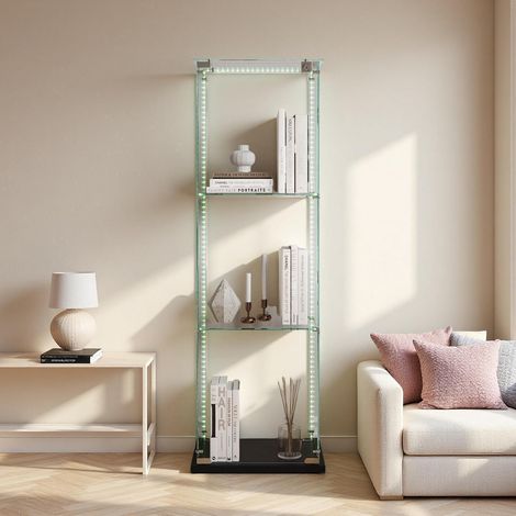 Glasvitrine mit LED, 3 Einlegeböden, 1 Tür, Sammlervitrine, Schwarz (1/5)