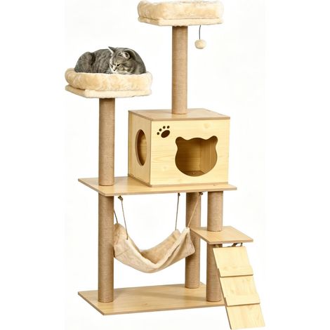 Albero tiragraffi per gatti multistrato con amaca, cuccia e pali in sisal 60 x 40 x 130 cm (1/5)
