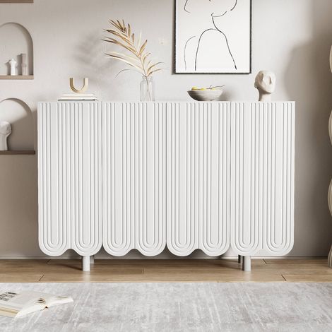 Buffet 120 x 37,5 x 80,8 cm, enfilade 4 portes sculptées avec charnières amorties et étagères, en MDF, pour salon, blanc (1/5)
