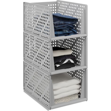 Relaxdays Organizadores de Armario, Pack de 3, Cajas de Almacenaje Apilables, Cajones de 24,5 x 33,5 x 43,5 cm, Gris