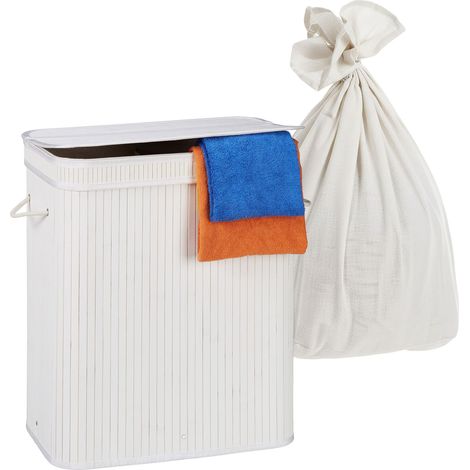 Cesto para ropa Relaxdays con tapa, 2 compartimentos, bambú, 100 L, plegable, 60 x 52 x 32 cm, clasificador, blanco