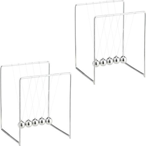 Relaxdays Newton’s Cradle, 2x Set, Pendulum with 5 Balls for Desk & Office, Stress Relief, Metal, Physics Gadget, Silver
