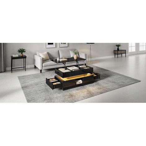 Table basse laquée haute brillance, réglable en hauteur, avec rangement, éclairage LED, prise électrique, plateau relevable, tiroirs et espace de stockage.