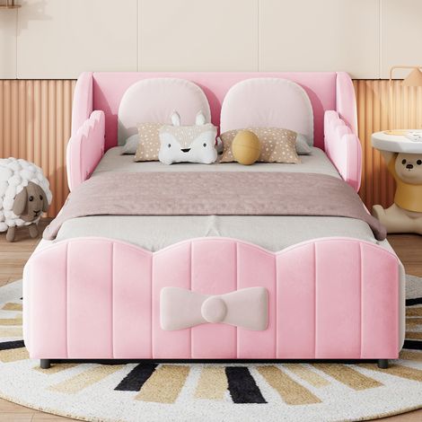 Letto imbottito per bambini 90 x 200, struttura letto imbottita in velluto, letto contenitore idraulico con 2 grandi cuscini decorativi, adatto per camerette di bambini e bambine. (1/5)