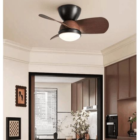 61cm Modern Low Profile Ceiling Fan with Lights, Flush Mount, With Remote Control, Reversible 3-Blade, Dimmable LED for Kitchen Island, Black (1/5)