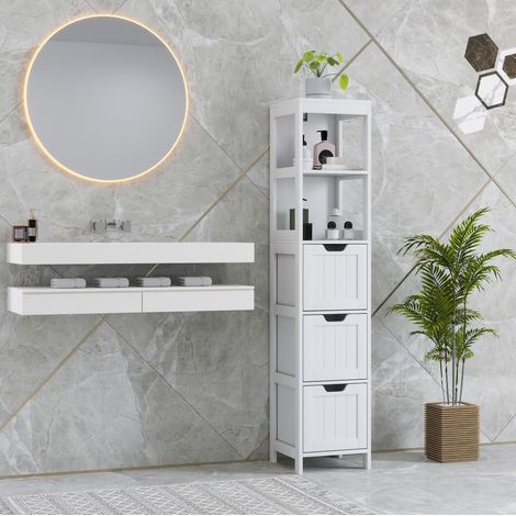 Columna baño 30x30x142,4 cm MDF blanco, 3 cajones y 2 huecos, estilo retro (1/5)