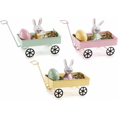 Mini charrettes de Pâques en métal avec lapin, œuf en résine et paille, lot de 6, 15 x 6,5 x H. 9 cm