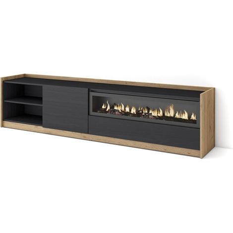 Skraut Home - Mueble TV, Televisión, 207x37x50cm, Para TV hasta 80", Chimenea eléctrica, Negro y roble (1/5)