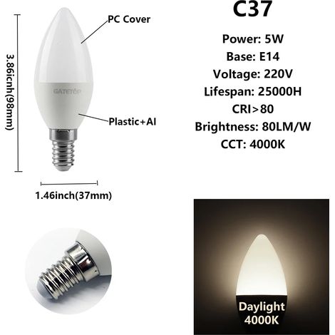 (C37 5W E14 4000K) Lot de 10 ampoules LED, adaptées à la décoration intérieure, au bureau et à la salle de bain. (1/4)