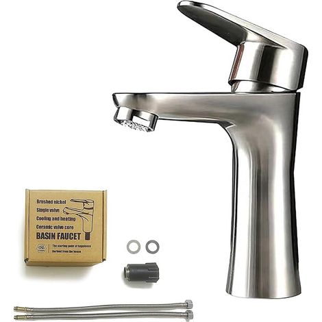 Robinet Lavabo Acier Inox Brossé, Eau Chaude Froide Monotrou (1/5)