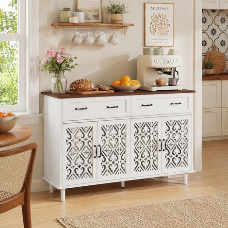 Buffet 150x40x90 cm en bois blanc, avec rangement, style vintage pour salle à manger FloraGrace (1/5)
