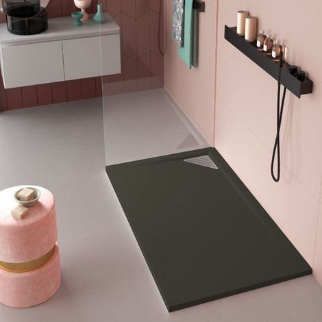 Receveur de douche 70x100 cm extra plat TRINITY noir en résine minérale grille à Droite (1/4)