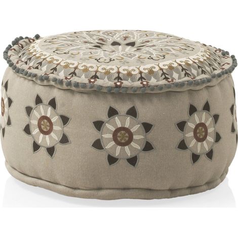 pouf rond multicolore tissu brodé assise douce et confortable - beige lin brodé multicolore (1/4)