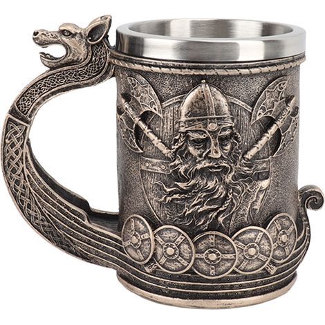 Vintage Viking Bierkrug, großes Fassungsvermögen, Edelstahl, mit Harz ausgekleidet, mit Verzierungen für Bier und Kaffee (1/5)