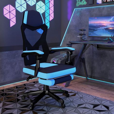 Fauteuil de jeu avec repose-pieds, hauteur réglable et dossier inclinable à 135°, 58 x 63 x 112-122 cm, bleu et noir (1/5)