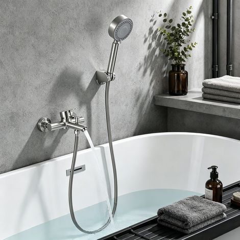Wannenarmatur Badewannenarmatur Set gebürstet mit 4-strahliger Handbrause,Edelstahl Edelstahl Duscharmatur Wandmontage mit G1/2 Anschluss (1/5)