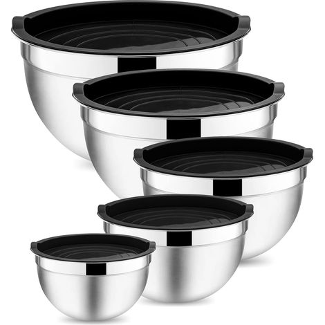 Lot de 5 saladiers à salade en acier inoxydable avec couvercle hermétique, parfaits pour la cuisson/la préparation, empilables, 4,6/2,8/1,6/1,2/0,7 l - Noir (1/5)