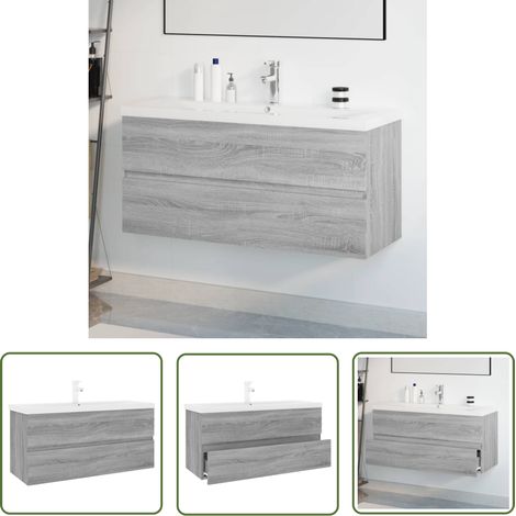 The Living Store Meuble lavabo avec bassin intégré Sonoma gris Bois d'ingénierie - Meubles De Salle De Bain - Meuble Lavabo - Meuble Vasque - Rangement Salle De Bain - Design Moderne (1/5)