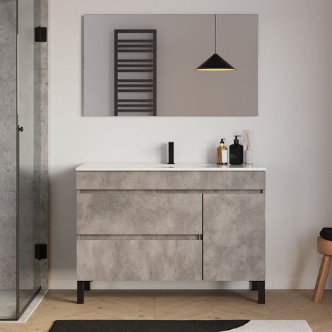 Meuble de salle de bain 120cm simple vasque sur pieds avec porte et tiroirs - ciment (gris) - LAZARO (1/5)