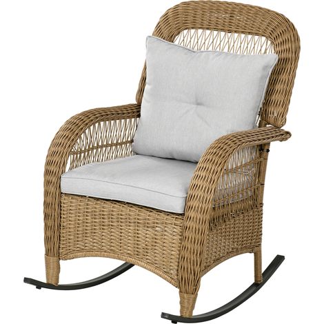 Fauteuil à bascule style bohème, rotin PE, housses de coussin lavables, naturel et gris clair