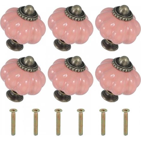 Boutons en céramique rose, 3,33,33,8 cm, 6 pièces avec vis, boutons et poignées de tiroir de meuble en céramique en forme de citrouille. (1/5)