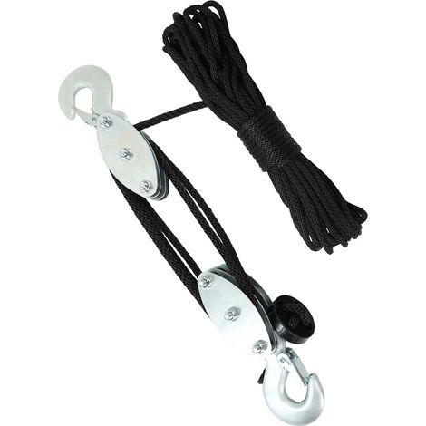 Palan à poulies 3 roues, Acier zingué, Corde PP noire 15m, Crochet ressort, Roulements nylon, Charge 200kg, Ratio 7:1 (1/4)