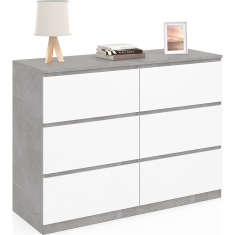 Idmarket – Commode enfant 6 tiroirs 110 cm – Largeur 40 cm – Hauteur 80 cm – Panneaux de particules blanc et béton – Rangement optimisé