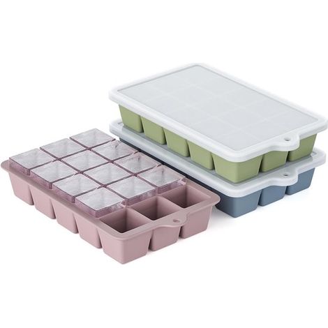 Confezione da 3 vaschette per cubetti di ghiaccio in silicone, vaschette per cubetti di ghiaccio, vaschette per cubetti di ghiaccio per congelatore con coperchio per whisky, pappe per bambini, senza B (1/5)