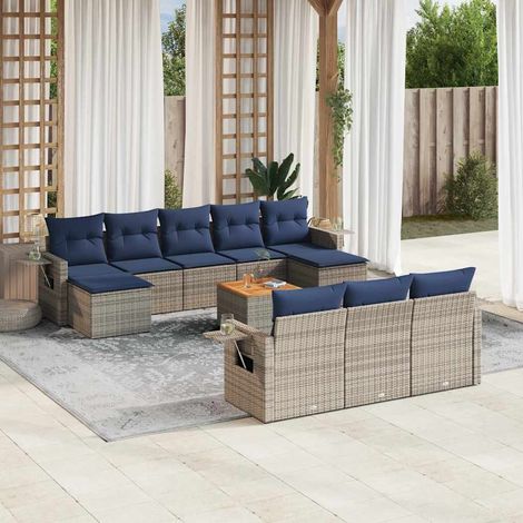 Salon de Jardin Modulable 11 Pcs en Résine Tressée Grise et Coussins Bleu Marine - PANGIVO (1/5)