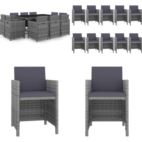 Set da Pranzo da Giardino 11 pz con Cuscini Polyrattan Grigio - Mobili da giardino rattan - Tavolo da giardino