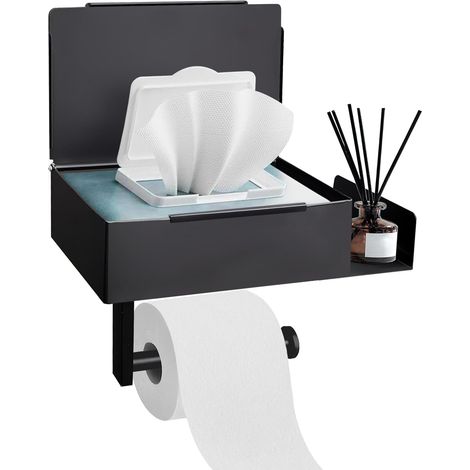 Toilettenpapierhalter mit Feuchttücherbox Klopapierhalter Ohne Bohren Klorollenhalter Edelstahl Leises Design WC Papier Halterung Rollenhalter Selbstklebend für Toilette Bad Küche (Schwarz) (1/5)