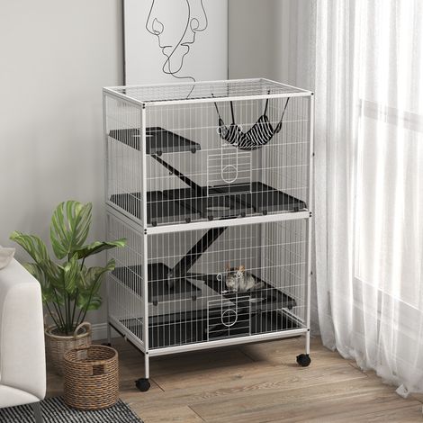 Gabbia per piccoli animali con ruote, rampe, amaca e vassoio rimovibile per cincillà e furetti, 80x52x128 cm, bianca (1/5)