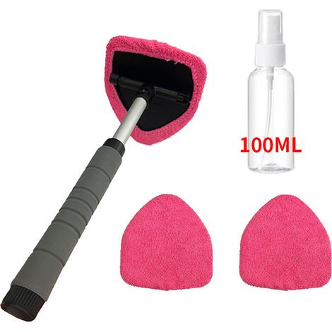 Spazzola telescopica pentagonale per parabrezza, 3 coperture in tessuto rosa + flacone spray da 100 ml, kit per la pulizia antiappannamento dei vetri.