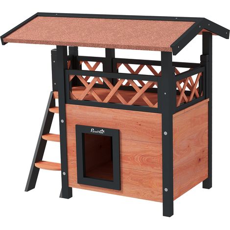 Cat House Outdoor w Balcony Stairs Roof, 77 x 50 x 73 cm, Brown (1/5)
