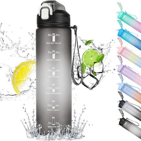 Gourde Sport 1l avec paille,bouteille d'eau de motivation avec Marqueur de Temps,bouteille d'eau étanche avec couvercle sans BPA pour sport, gym, bureau, course à pied (noir) (1/5)