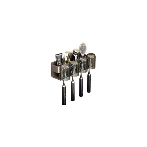 Porte-brosse à dents Space en aluminium, support mural de salle de bain pour dentifrice avec 4 tasses, gris - Crezuo (1/4)